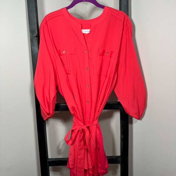 Calvin Klein Red Tie-Waist Shirt Dress / Tunic Top - Picture 1 of 5